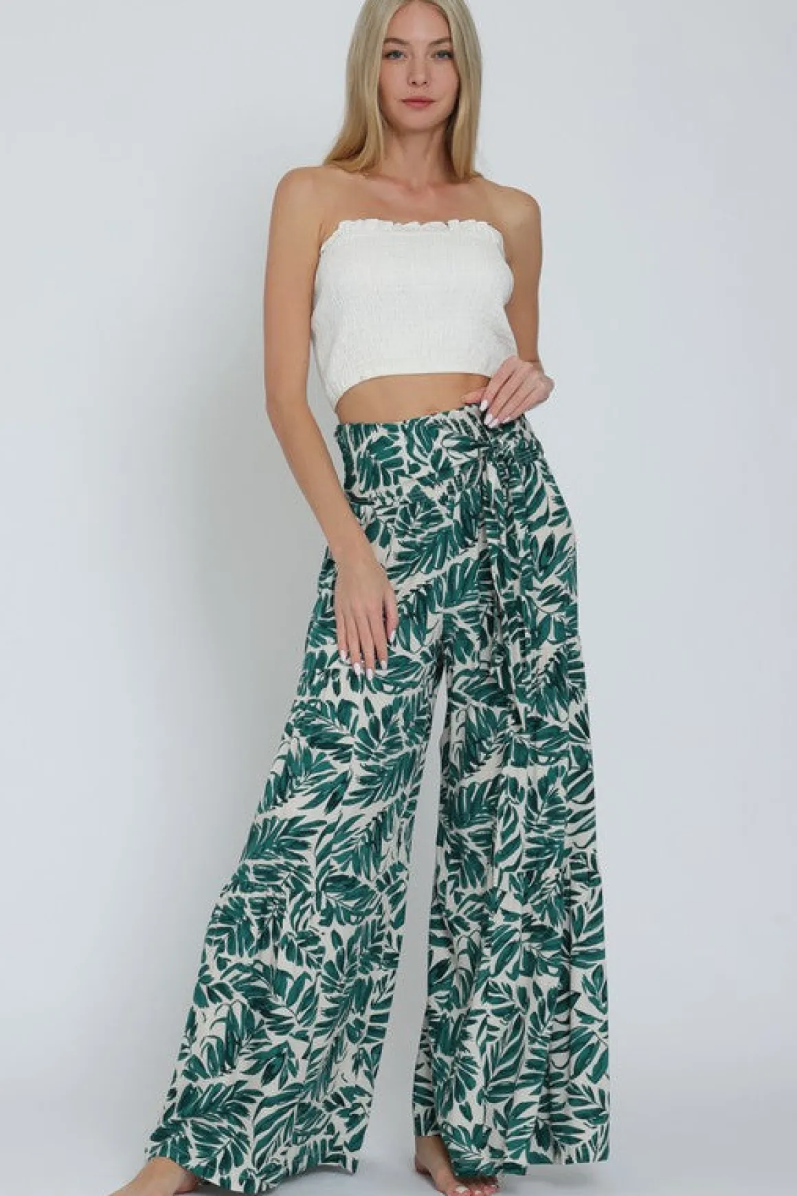 Jeanette High Waist Tie Tropical Print Wide Leg Pants Green