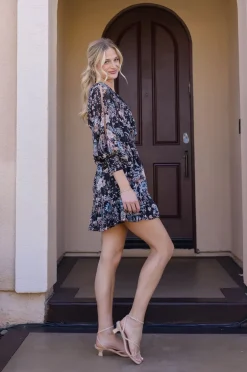 Jen Long Split Sleeve Floral Print Mini Dress Black