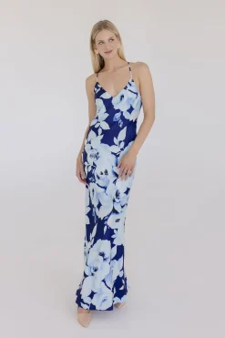 Jennifer Sleeveless Floral Print Back Tie Maxi Dress Navy