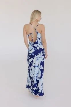 Jennifer Sleeveless Floral Print Back Tie Maxi Dress Navy