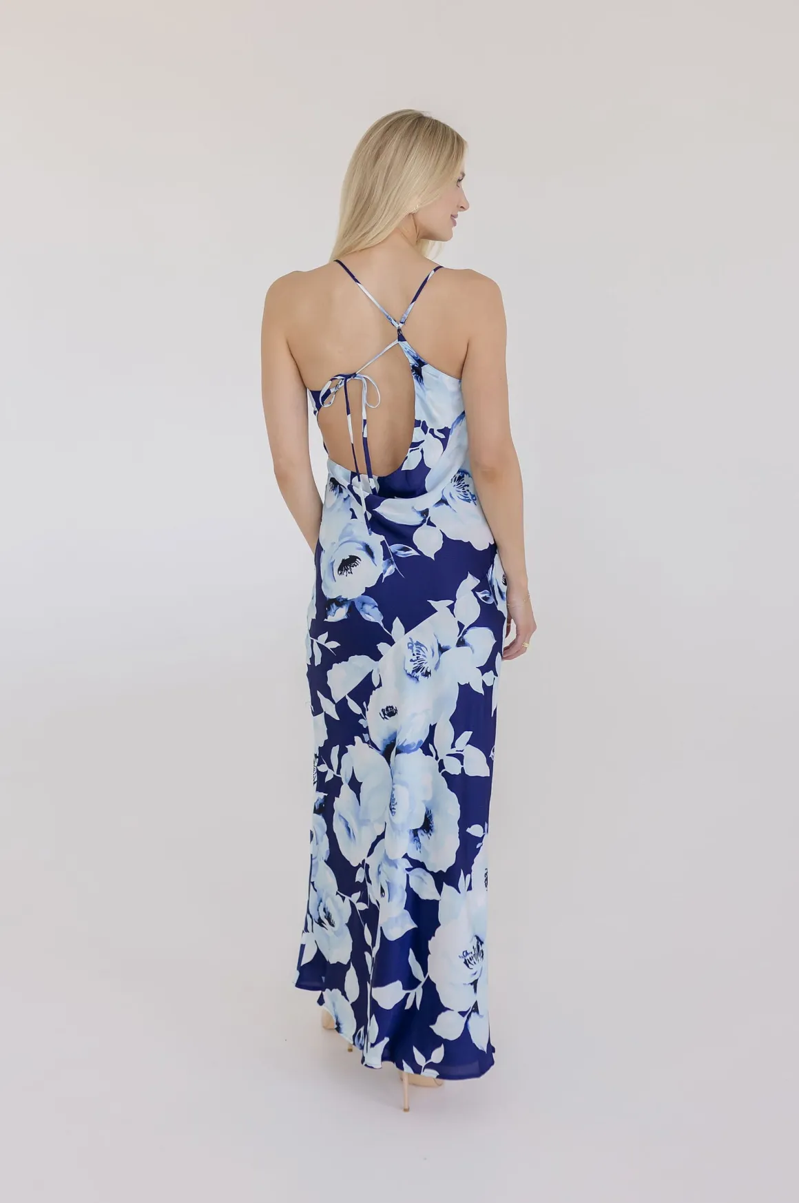 Jennifer Sleeveless Floral Print Back Tie Maxi Dress Navy
