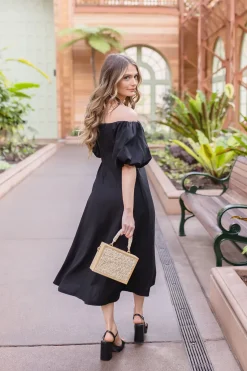 Jill Off The Shoulder Puff Sleeve Linen Midi Dress Black