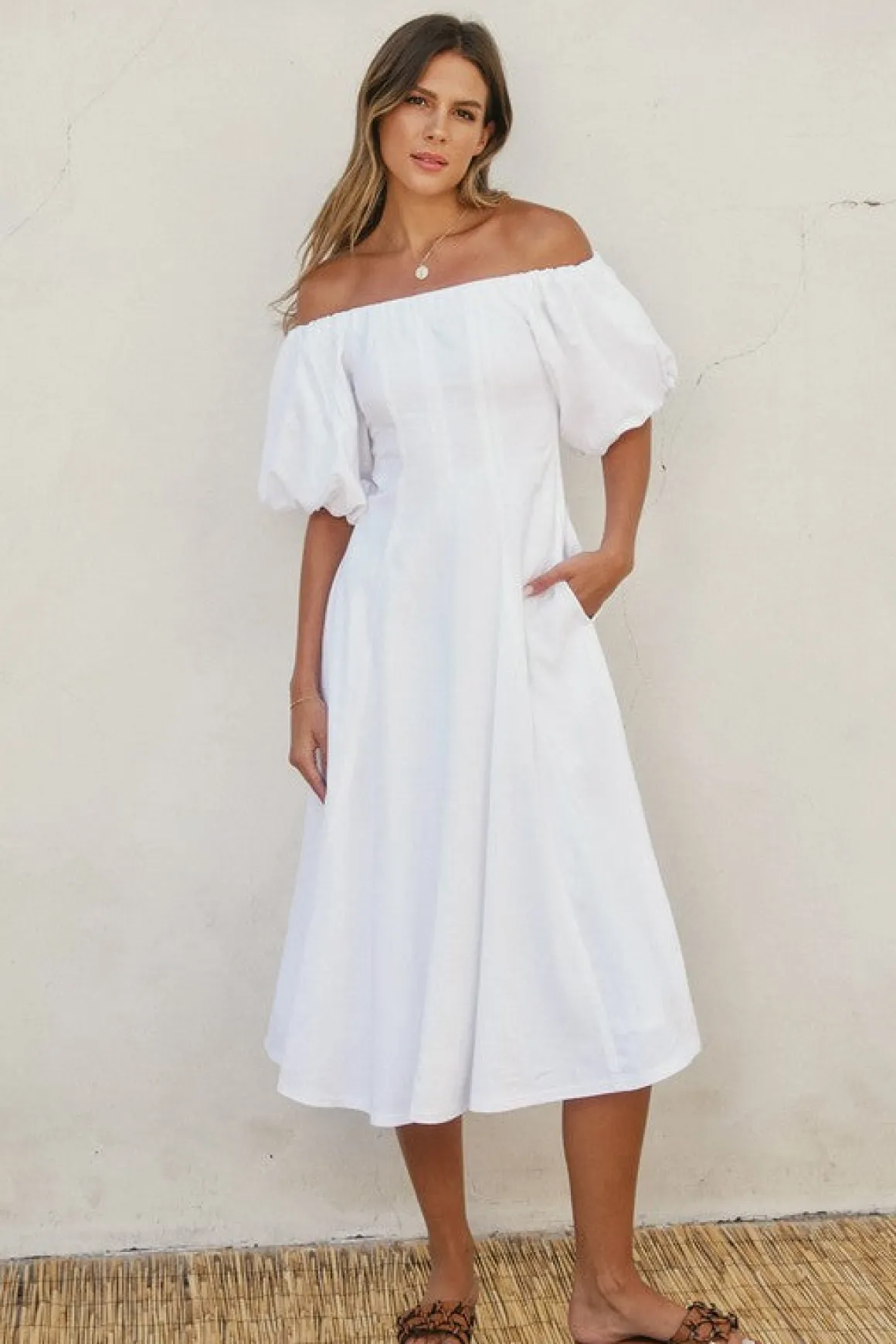 Jill Off The Shoulder Puff Sleeve Linen Midi Dress White