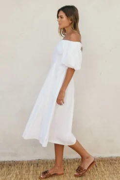 Jill Off The Shoulder Puff Sleeve Linen Midi Dress White