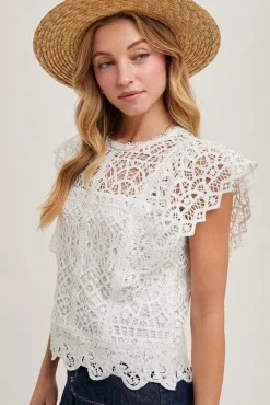 Jocelyn Flutter Sleeve Crochet Lace Top White