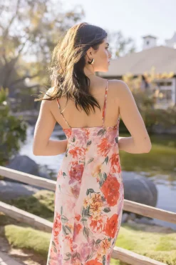 Josephine Sleeveless Floral Print Satin Slip Midi Dress Pink