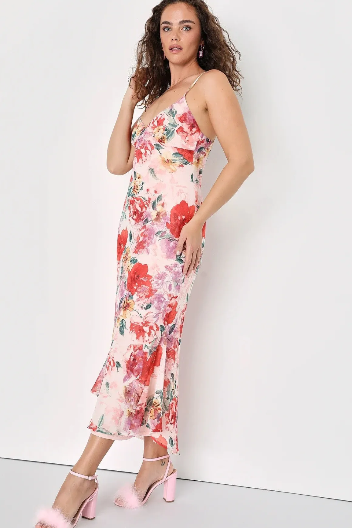 Josephine Sleeveless Floral Print Satin Slip Midi Dress Pink