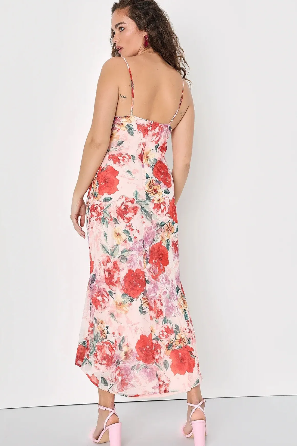 Josephine Sleeveless Floral Print Satin Slip Midi Dress Pink