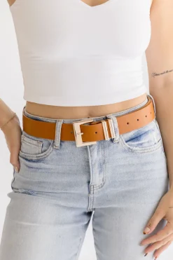 Julia Square Metal Buckle Vegan Leather Belt Cognac