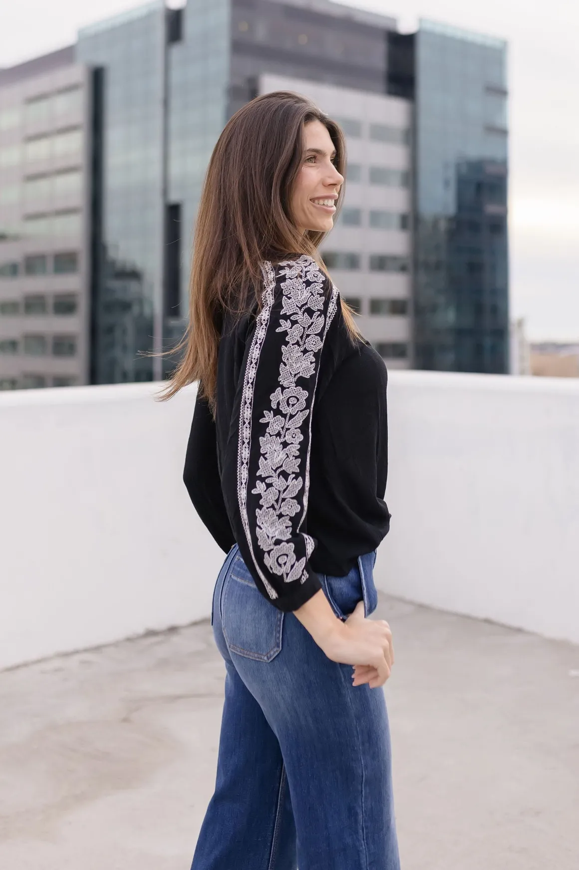 Katrina Embroidered Long Sleeve Top Black