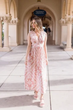 Keisha Sleeveless Paisley Print Scalloped Midi Dress Pink