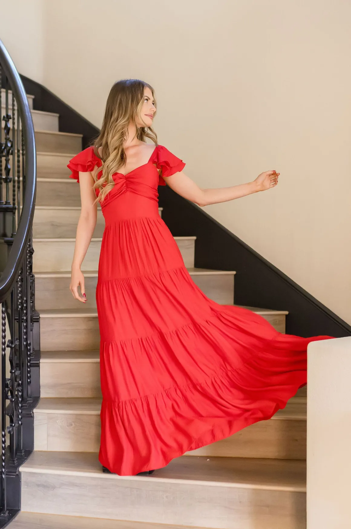 Kendall Ruffle Sleeve Maxi Dress Red