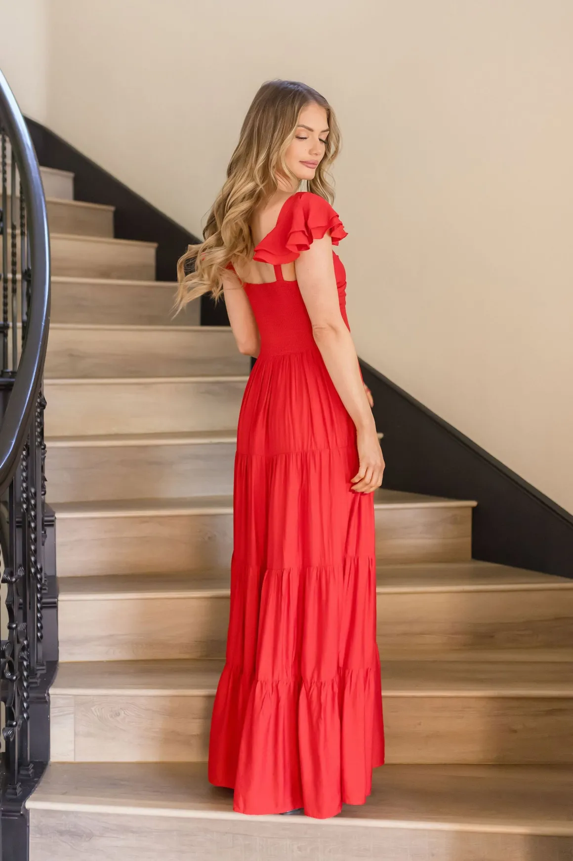Kendall Ruffle Sleeve Maxi Dress Red