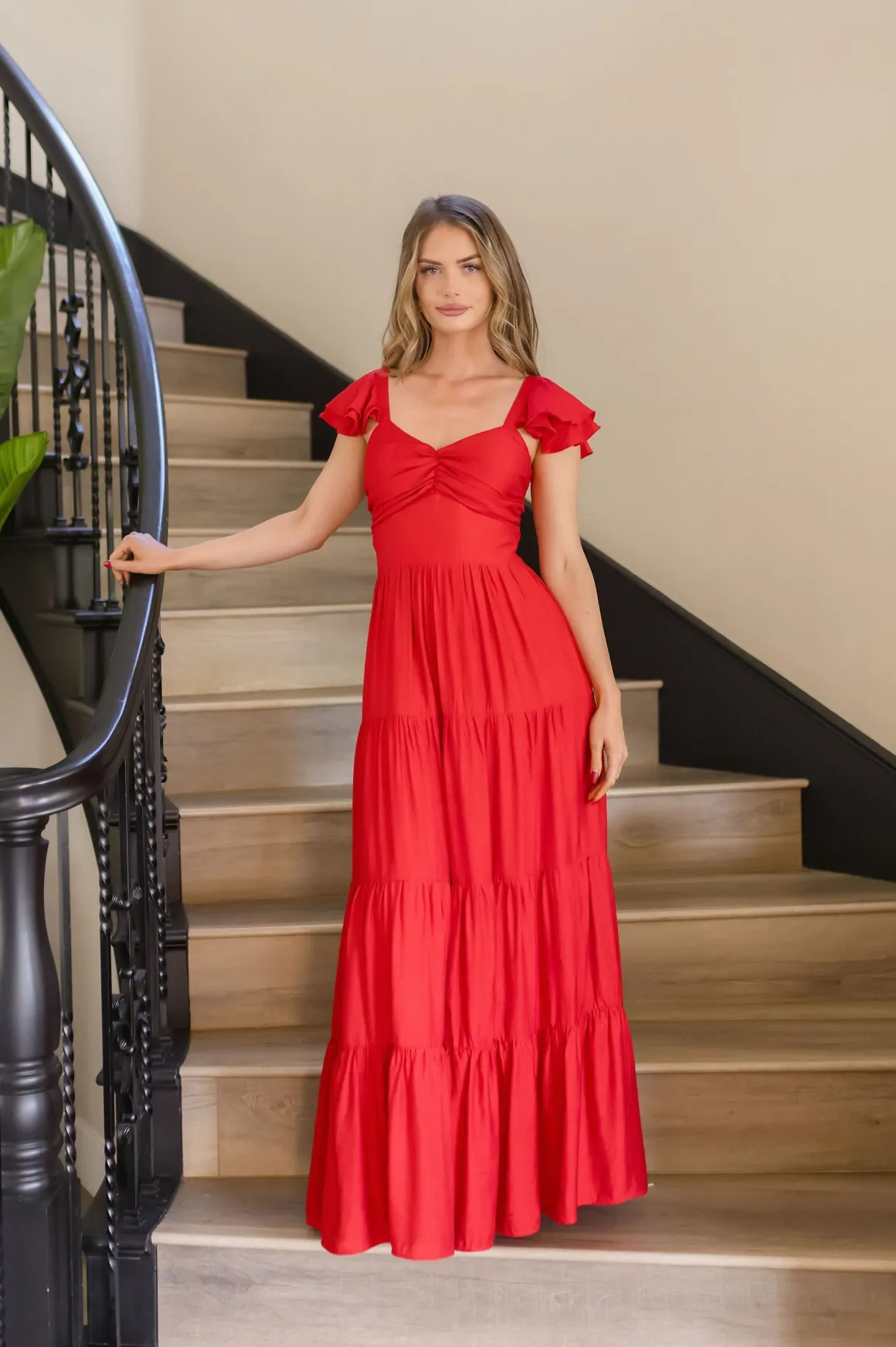 Kendall Ruffle Sleeve Maxi Dress Red