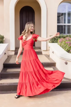 Kendall Ruffle Sleeve Maxi Dress Red