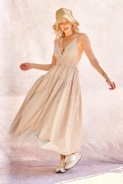 Kennedy Sleeveless Stripe Print Midi Dress Taupe
