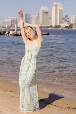 Kili Sleeveless Back Tie Abstract Print Maxi Dress Green