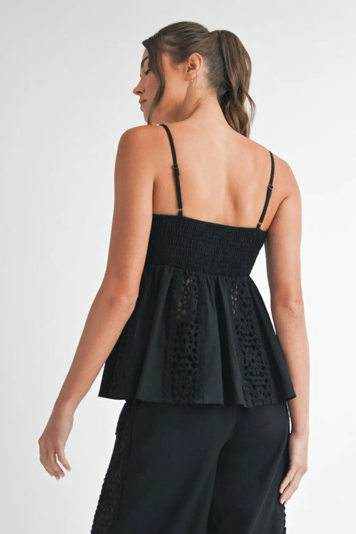 Kim Sleeveless Crochet Linen Babydoll Top Black
