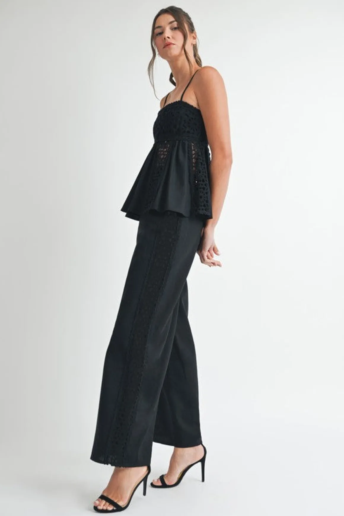Kim Sleeveless Crochet Linen Babydoll Top Black
