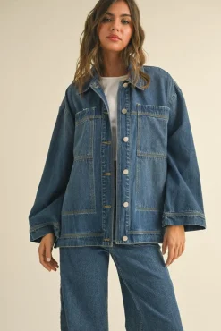 Kimber Long Sleeve Side Tie Oversized Denim Jacket Dark Wash