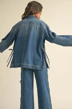 Kimber Long Sleeve Side Tie Oversized Denim Jacket Dark Wash