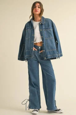 Kimber Long Sleeve Side Tie Oversized Denim Jacket Dark Wash
