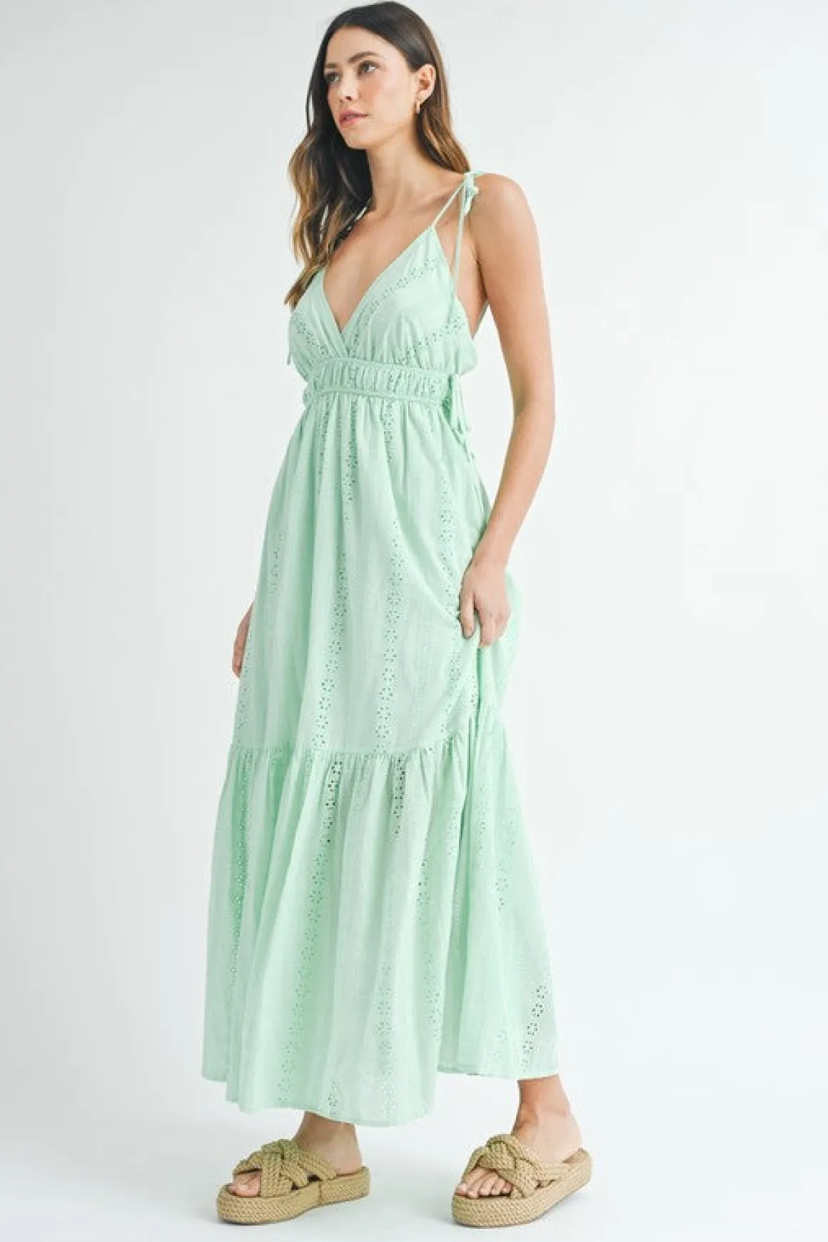 Kinsley Sleeveless Shoulder Tie Eyelet Maxi Dress Mint