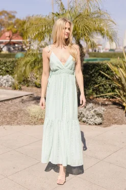 Kinsley Sleeveless Shoulder Tie Eyelet Maxi Dress Mint