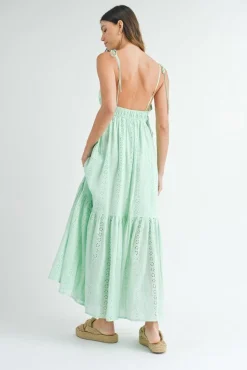 Kinsley Sleeveless Shoulder Tie Eyelet Maxi Dress Mint