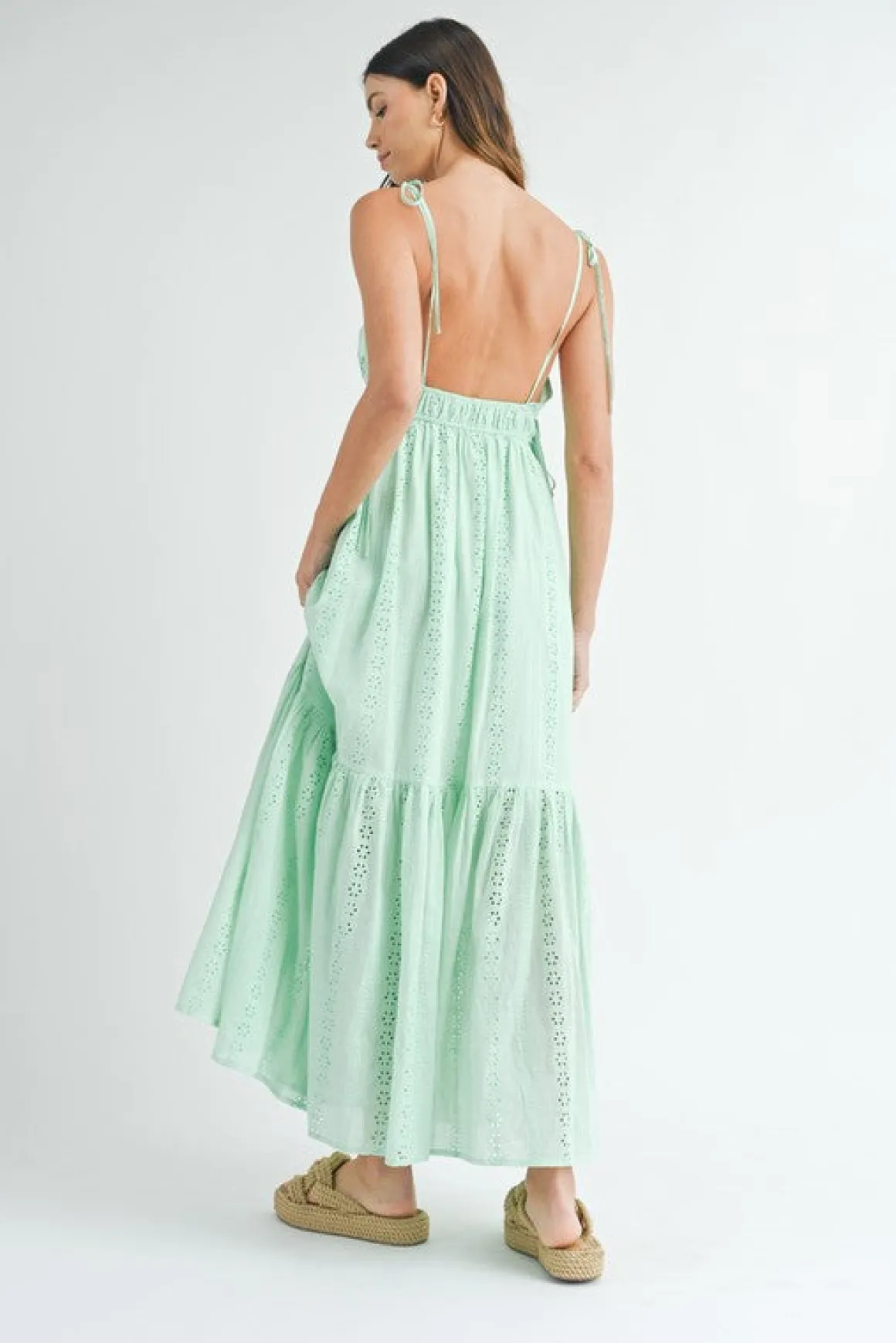 Kinsley Sleeveless Shoulder Tie Eyelet Maxi Dress Mint