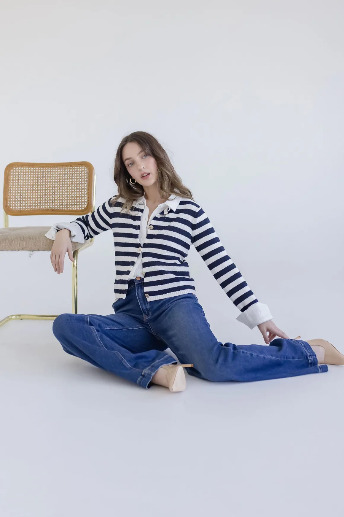 Lainey Long Sleeve Button Down Stripe Print Knit Cardigan Navy