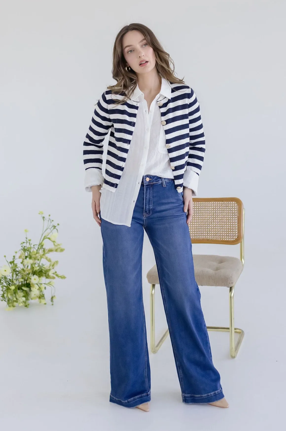 Lainey Long Sleeve Button Down Stripe Print Knit Cardigan Navy