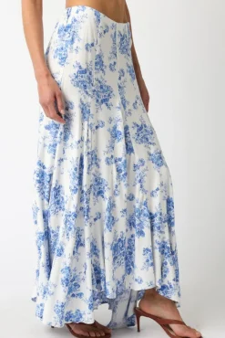 Lana High Waist Ruffle Floral Print Maxi Skirt Blue