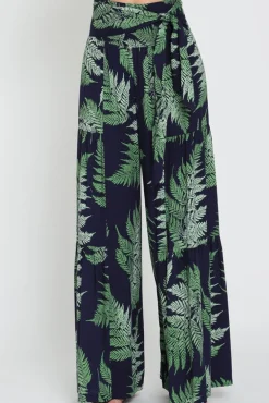 Laura Tropical Print Front Tie Wide Leg Pants Navy
