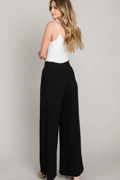 Leah Drawstring Linen Wide Leg Pants Black
