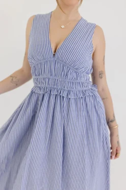Leigh Sleeveless Stripe Print Shirred Waist Midi Dress Blue