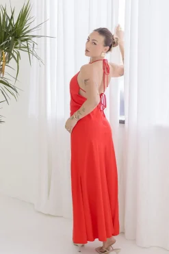 Leticia Sleeveless Halter Tie Maxi Dress Red