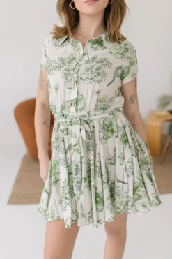 Lexa Short Sleeve Floral Print Button Down Mini Dress Green