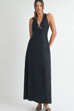 Lizbeth Sleeveless Halter Tie Linen Maxi Dress Black