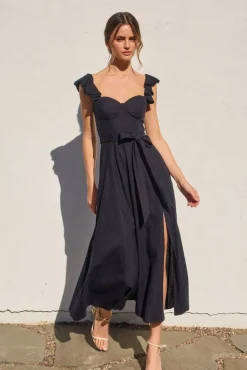 Lizette Flutter Sleeve Waist Tie Maxi Dress Navy