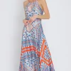 Lolisa Sleeveless Halter Cross Back Abstract Print Maxi Dress Blue