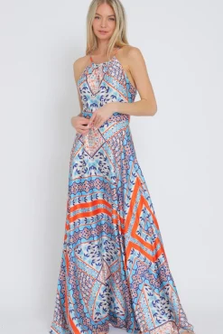 Lolisa Sleeveless Halter Cross Back Abstract Print Maxi Dress Blue