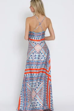 Lolisa Sleeveless Halter Cross Back Abstract Print Maxi Dress Blue