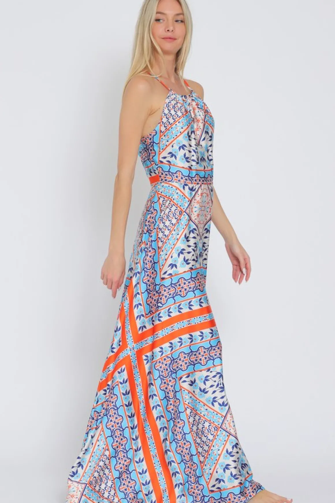Lolisa Sleeveless Halter Cross Back Abstract Print Maxi Dress Blue