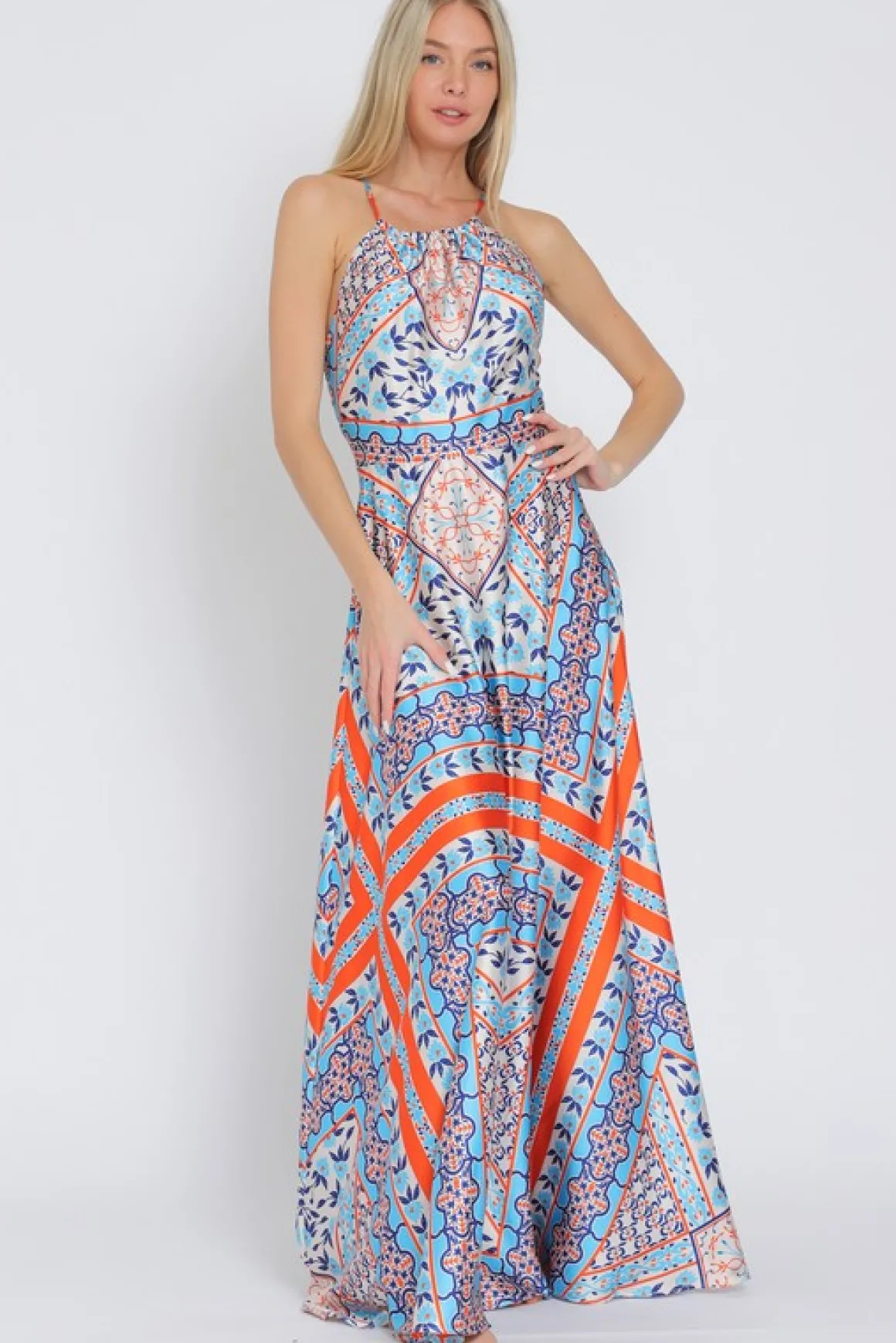 Lolisa Sleeveless Halter Cross Back Abstract Print Maxi Dress Blue