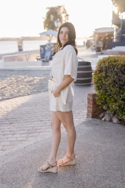 Lou High Waist Stripe Print Linen Shorts Natural