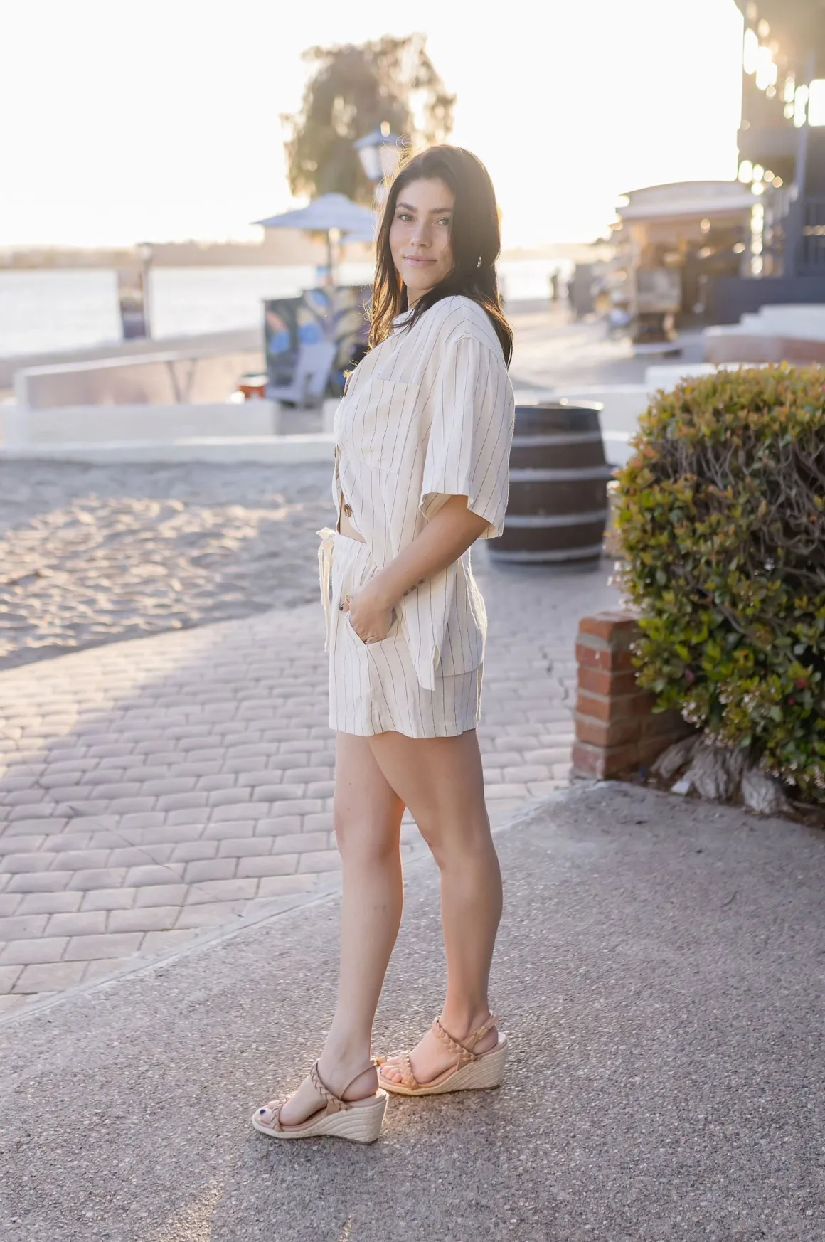Lou High Waist Stripe Print Linen Shorts Natural