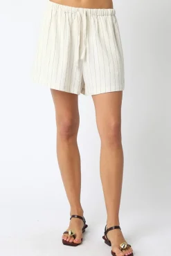 Lou High Waist Stripe Print Linen Shorts Natural