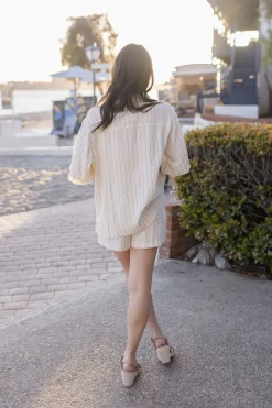 Lou High Waist Stripe Print Linen Shorts Natural