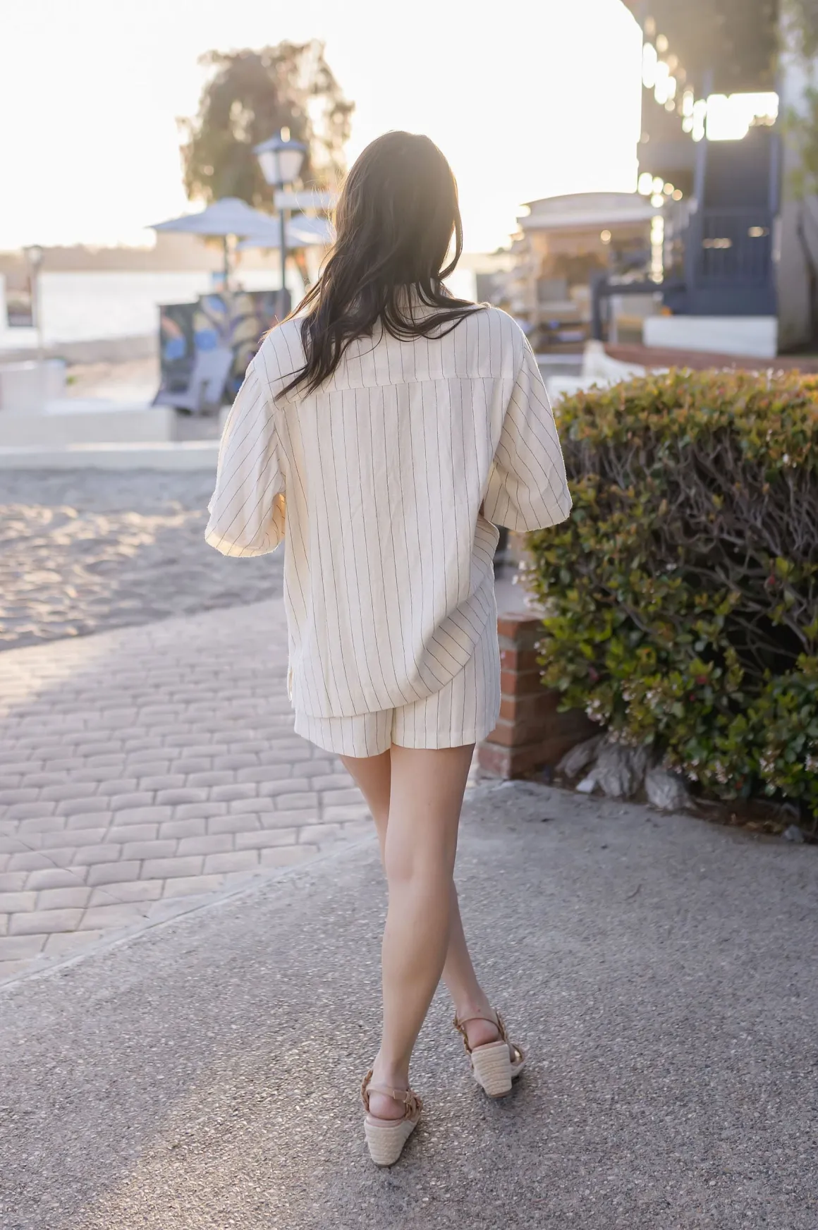 Lou High Waist Stripe Print Linen Shorts Natural